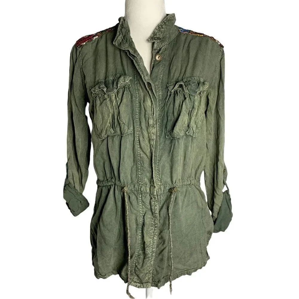 Acid Wash Utility Shirt Jacket M Green Embroidered Buttons Pockets Cinch Waist